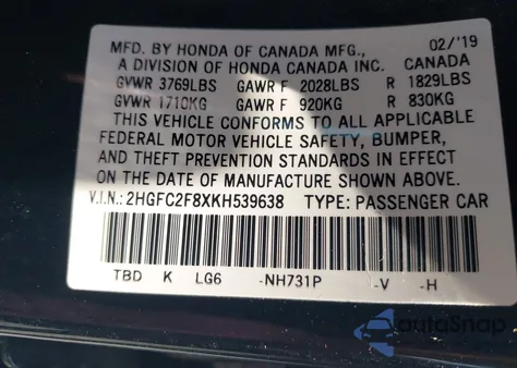 2019 Honda Civic Sport from USA, damaged, VIN 2HGFC2F8XK8539638